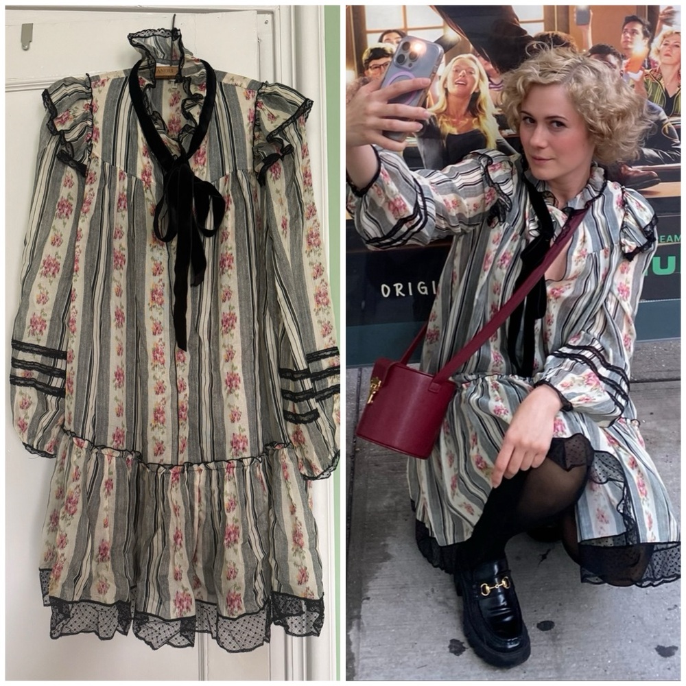 Marc Jacobs Floral Striped Ruffle Dress with Black Bow